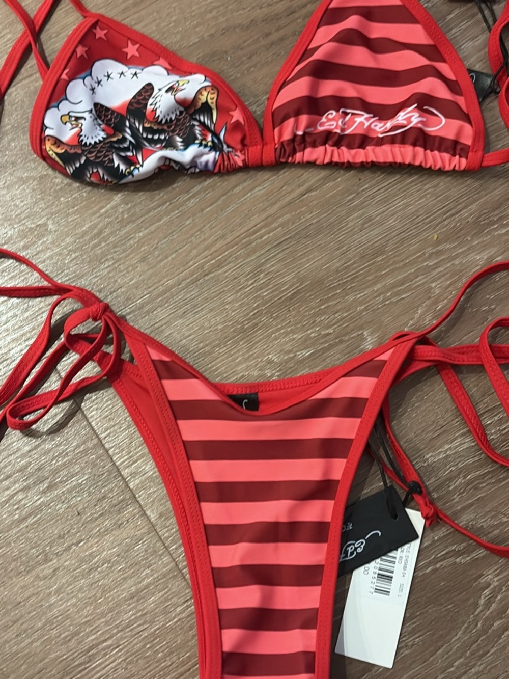 Ed Hardy Red and Coral Striped Triangle Bikini